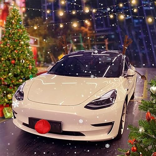 Miniatura 6 de 4 piezas de decoración de cuernos de Navidad para automóvil, cuernos de alce de Navidad con campanas y cintas, rejilla de techo, nariz, cola de