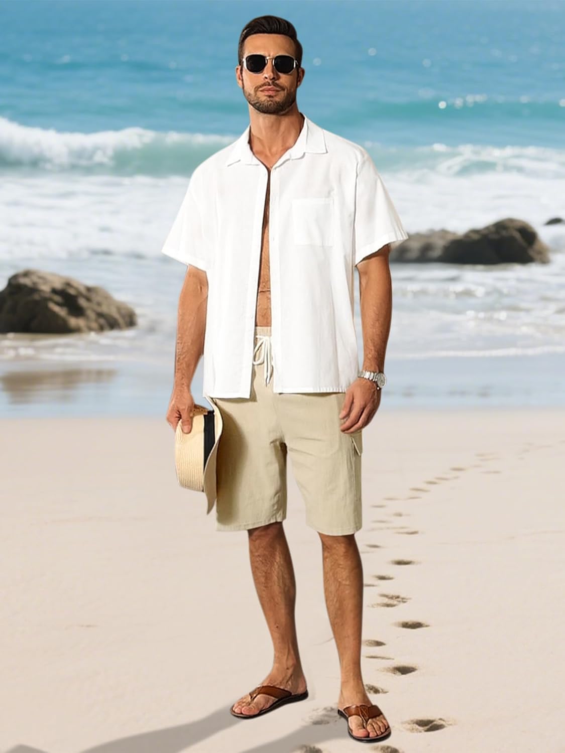 Mens Linen Shorts Casual Summer Beach Shorts Elastic Waist Drawstring Cargo Pants with Multiple Pockets - Image 5