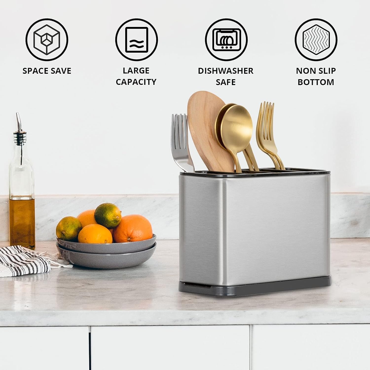 SARNESHWERAM Stainless Steel Kitchen Utensil Holder Drainer Cooking Utensil Holder Cutlery Holder Flatware Holder Sinkware Caddy Countertop Organizer 3
