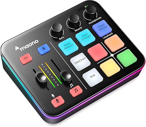 MAONO Mezclador de Audio para Gaming, Interfaz de Audio con Pre-amplificador Pro, RGB, Bluetooth, Alimentación Phantom de 48V para Transmisión en