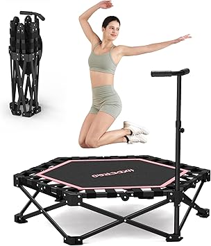 HXD-ERGO 42'' Foldable Mini Trampoline, Rebounder Trampoline with Adjustable Foam Handle, Fitness Trampoline for Indoor, Outdoor, Home Gym,Max Load 460lbs