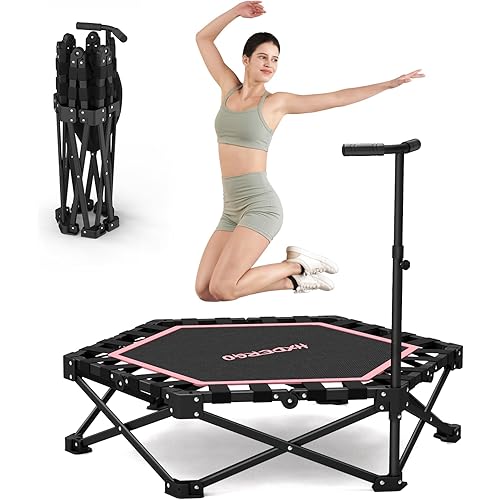 HXD-ERGO 42'' Foldable Mini Trampoline, Rebounder Trampoline with Adjustable Foam Handle, Fitness Trampoline for Indoor, Outdoor, Home Gym,Max Load 460lbs