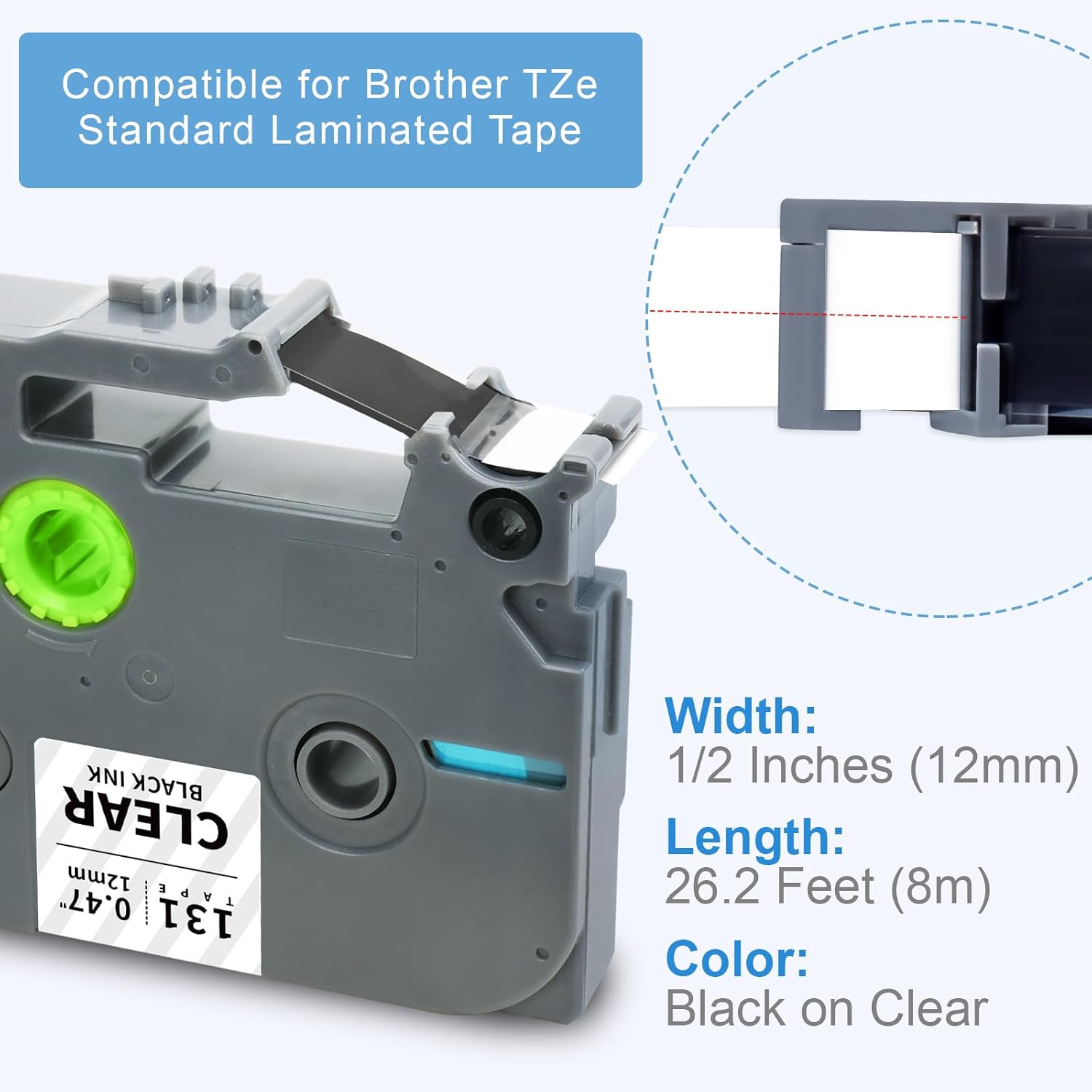 Absonic 6-Pack 12mm 0.47 Laminated Clear Tape Compatible for Brother TZe-131 TZe131 Label Tape 1/2 Tze Label Tape for Brother Ptouch PT-D210 PT-D220 PT-H111 PT-H100 PT-D400 Label Maker, Black on Clear - Image 2