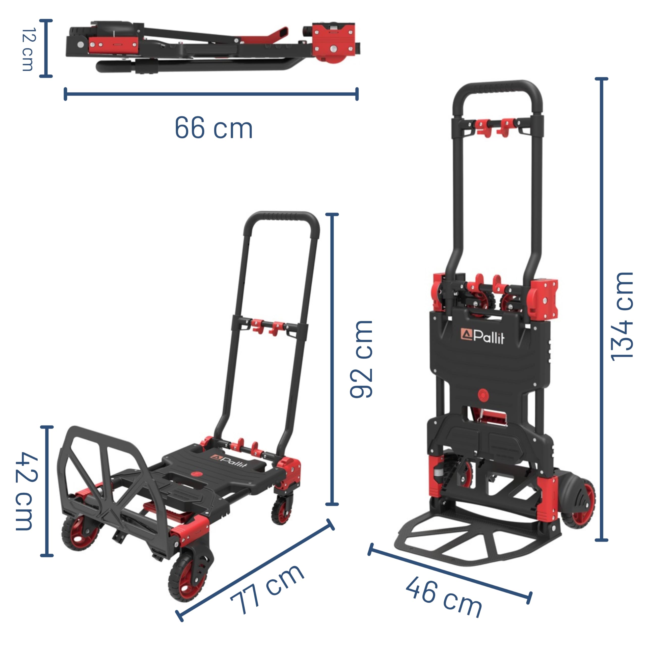 Pallit Carrello Pieghevole 2 in 1 - Sackkarre e Carrello Portapacchi con 4 Ruote, Struttura in Acciaio, Capacità 150 kg, Compatto per Garage e Giardino | Carrello con piattaforma, robusto telaio in acciaio, carrello di trasporto per traslochi, magazzino e