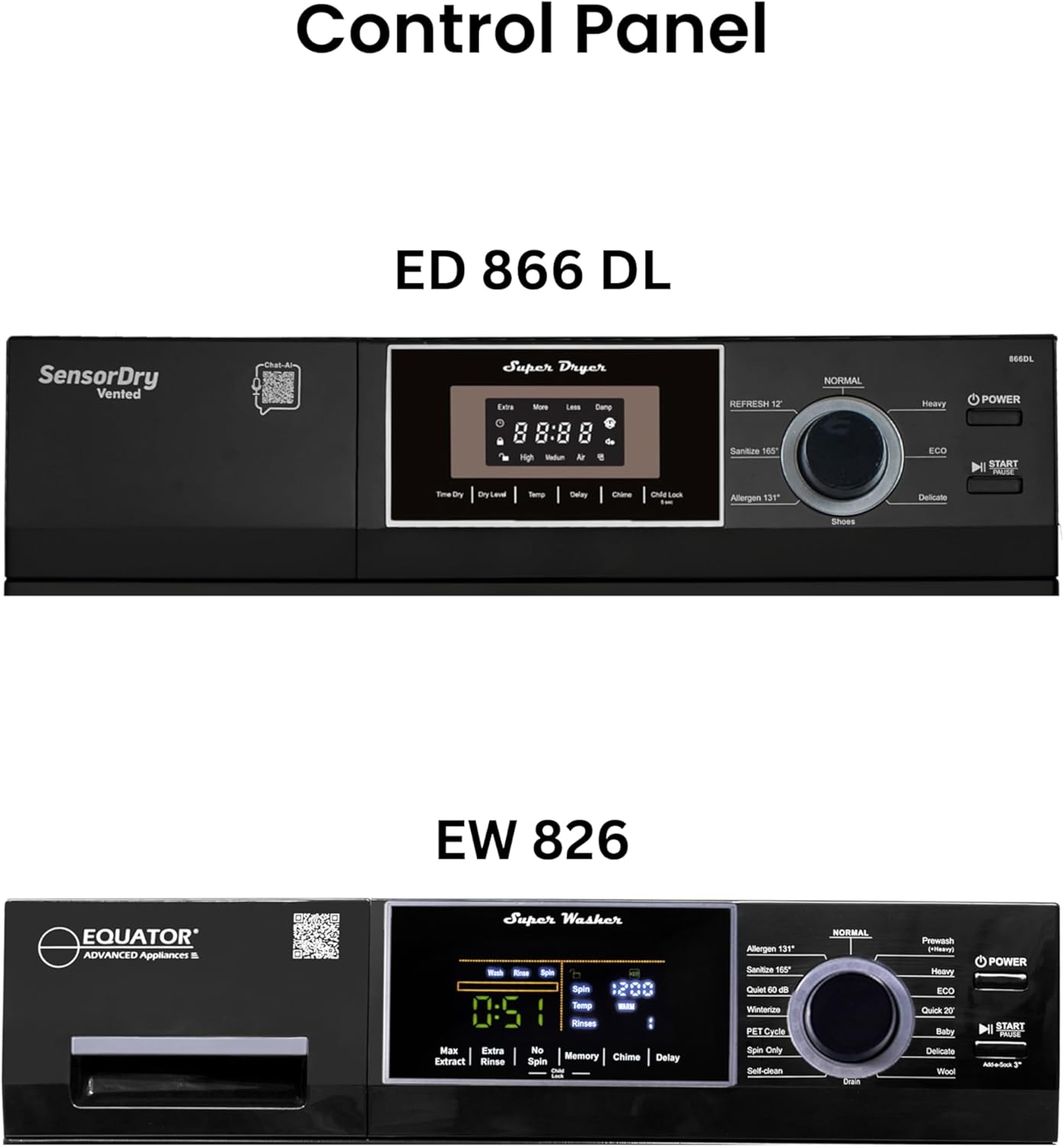 Equator COMPACT STACKABLE LAUNDRY Washer EW 822 1.57cf + Dryer ED 866 3.1cf 110V (Black)