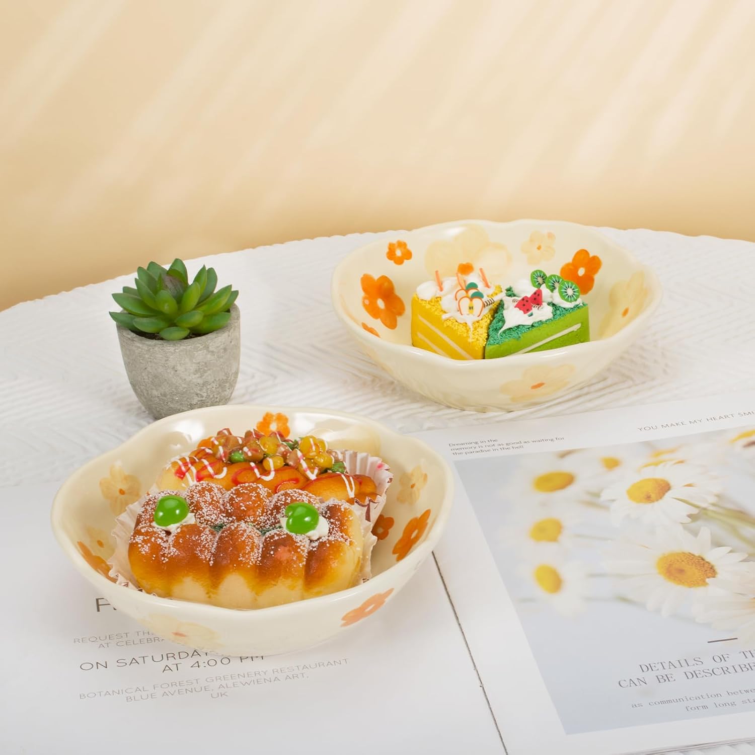 Koythin Salad Bowls Set of 2, Cute Orange Flower Ceramic Bowls, Cream Yellow Serving Bowl for Pasta, Cereal, Fruit, Soup, Rice, Dishwasher and Microwave Safe (Orange Flower Set of 2)