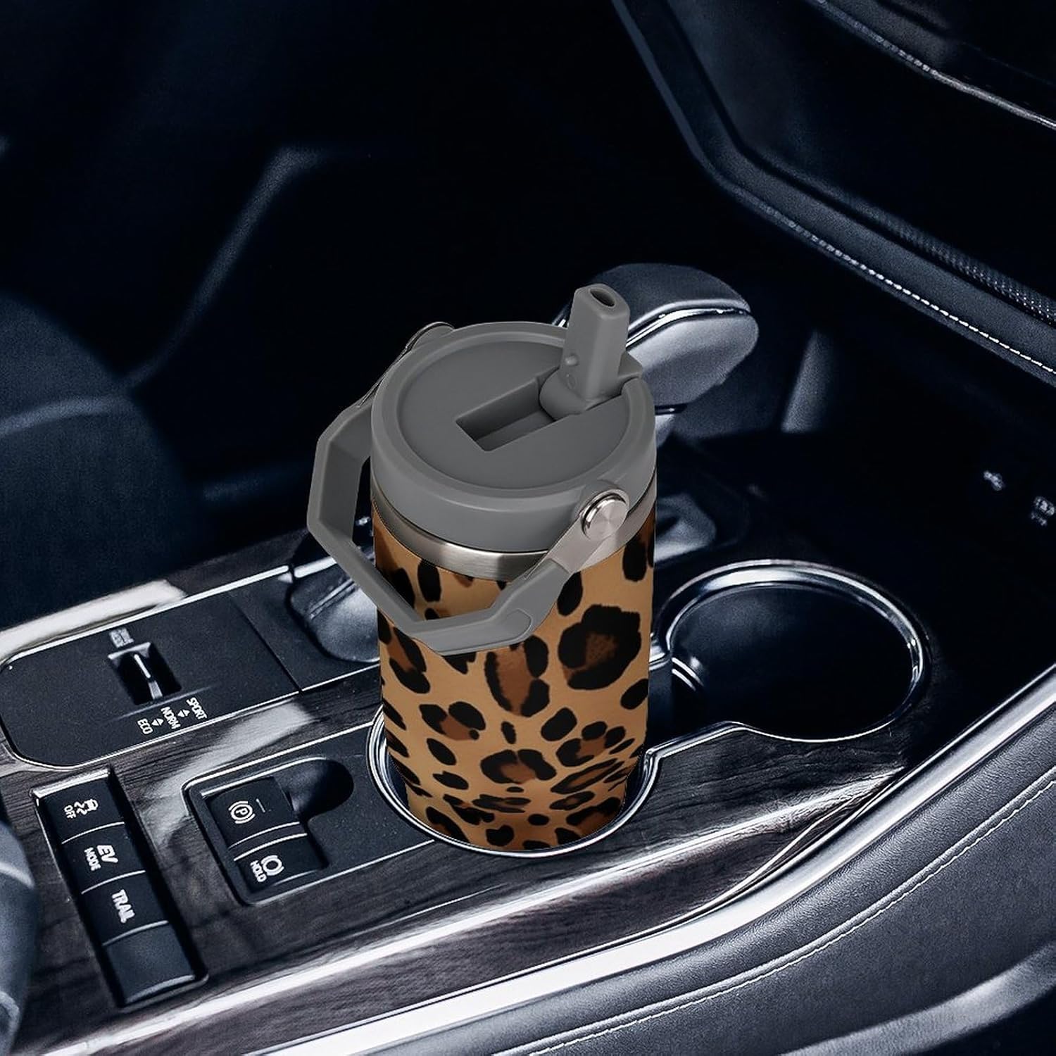 30oz Insulated Tumblers with Top Handle, Stainless Steel Leopard Print Car Cup with Straw for Gift, Leak-Proof Double Wall Vacuum Travel Mug, Personalized Water Bottles White