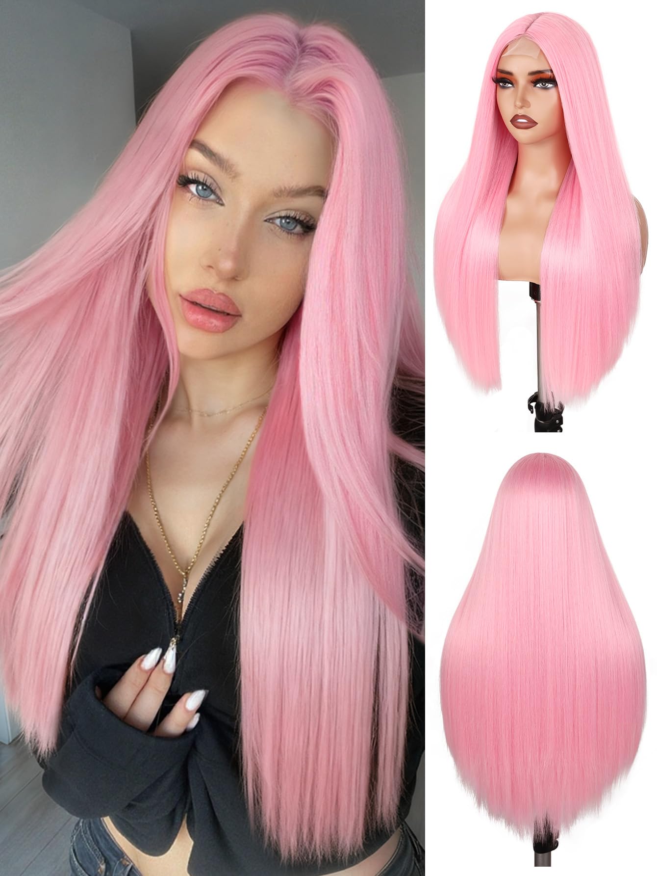 FAVE Perruque rose 65 cm synthétique pour femmes résistante à la chaleur, longue avec raie au milieu, aspect naturel rose clair, idéale pour quotidien/fête/cosplay