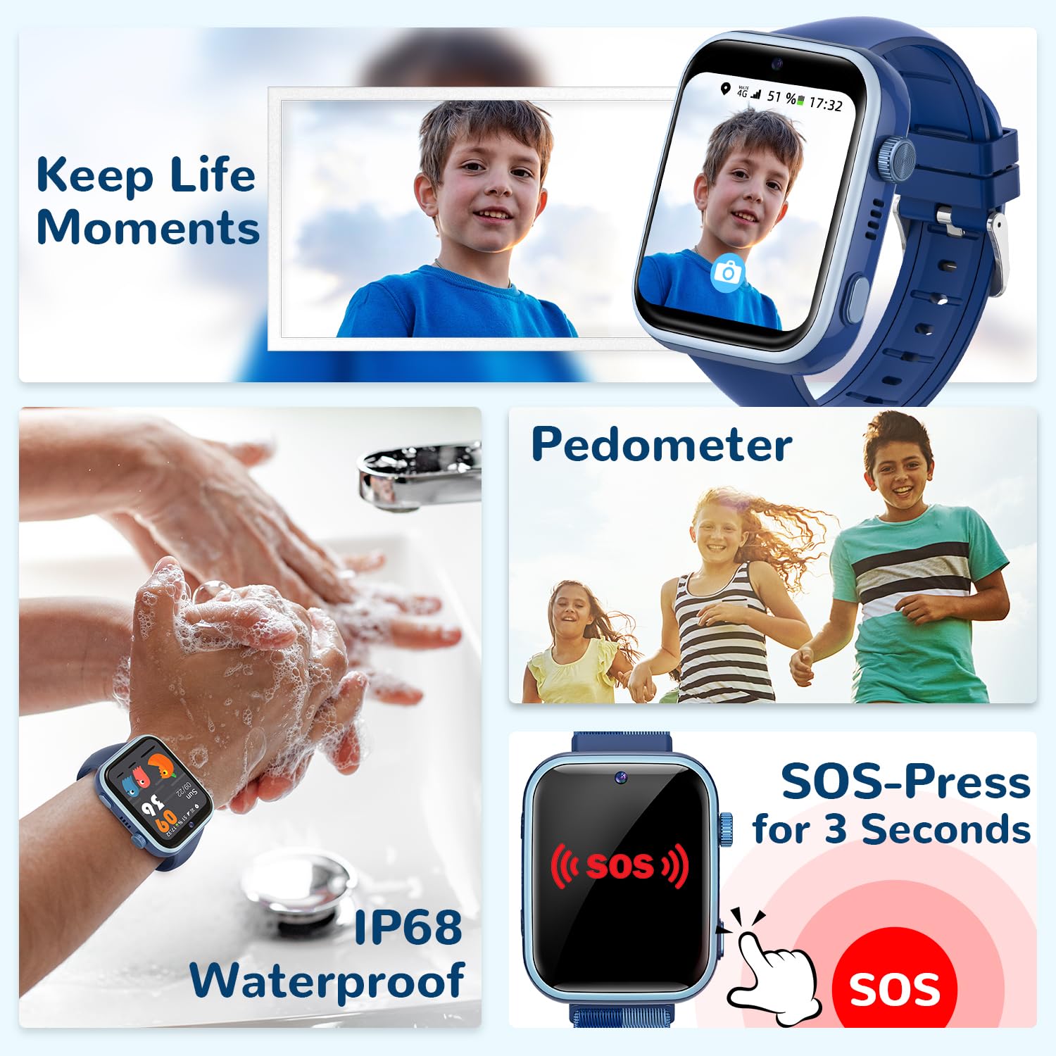 4G Montre Connectée Enfants avec Appels, Appels Vidéo, Chat Vocal, WiFi, GPS, SOS, SMS, Étanche IP68, Mode École et Podomètre, Smartwatch Enfants avec Écran HD 1,83'' Bleu