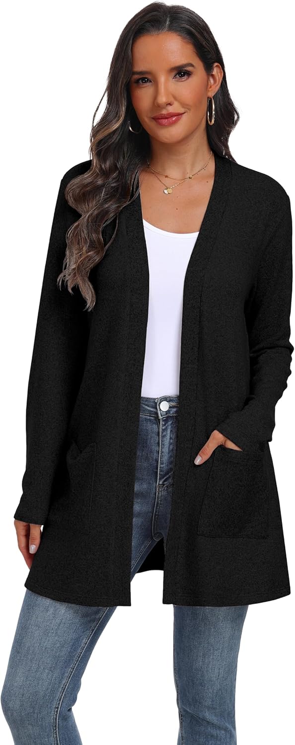 QIXING Women's Sweater Cardigan Open Front Lightweight Cardigan Long Sleeve Cardigans with Pockets - Image 2