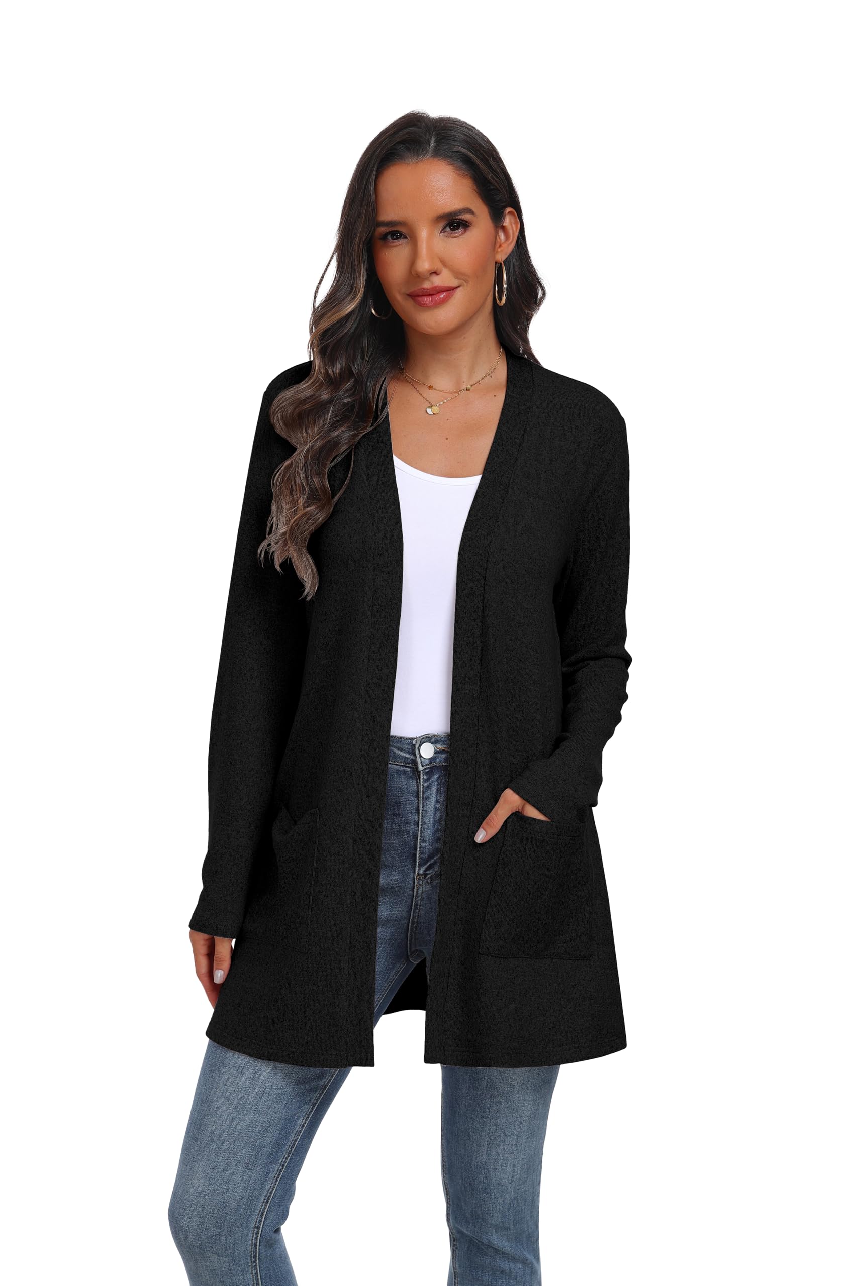 QIXING Women's Sweater Cardigan Open Front Lightweight Cardigan Long Sleeve Cardigans with Pockets