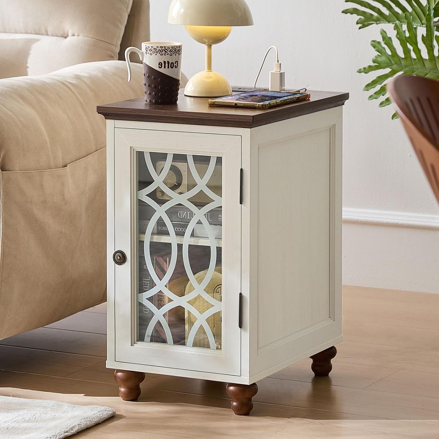 Narrow Side Table with Charging Station Set of 2, Night Stand with Glass Door,Bedside End Tables with Adjustable Shelf Storage Cabinet,Wood Nightstand for Small Spaces Living Room Bedroom with Charger Antique White 2