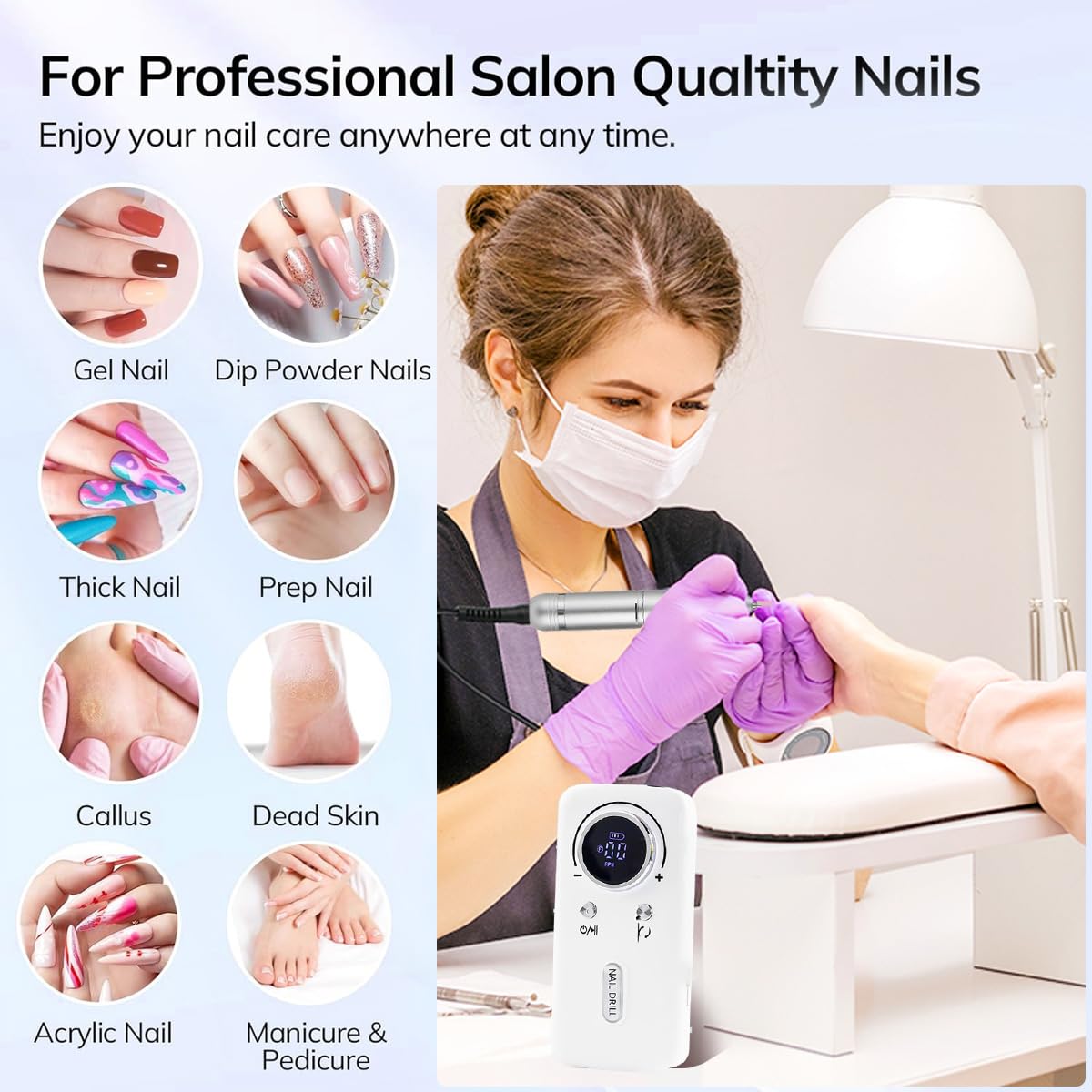 Torno para Uñas Profesional 45000 RPM, Torno Uñas Taladro Eléctrico Recargable con Pantalla LED, 10H Duración, Bajo Ruido,12 Puntas,para Uñas Acrílicas/Gel/Semipermanente