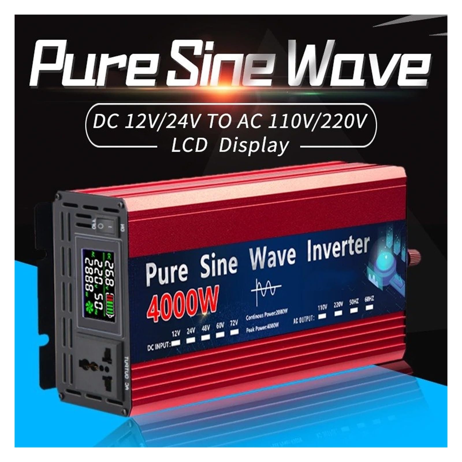 Power Inverter Convertitore Tensione Alimentazione A Onda Sinusoidale Pura 12V 220V 2000W 3000W 4000W DC 12v 24v A AC 220v 110v Per Inverter Solare Auto Convertitore(12V,110V 60HZ,1000W)