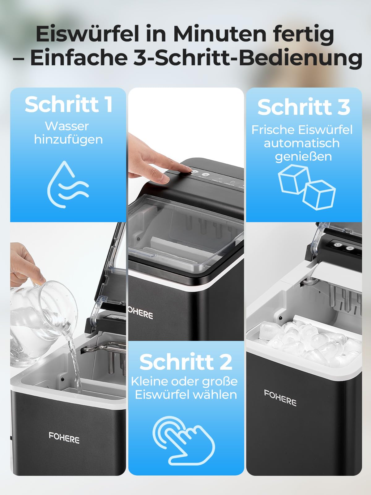 FOHERE Eiswürfelmaschine 14kg/24Std 9 Bullet Eiswürfel in 5 Minuten 2 Größen Selbstreinigend Tragbar