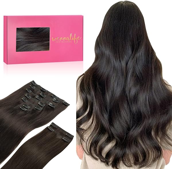 WENNALIFE Extensiones de Clip de Pelo Natural, Castaño Oscuro 150g 50cm 9 Piezas Extensiones Pelo Natural Remy Cabello Humano Extensiones Pelo Natural Clip Double Weft Extensiones de Clip - 1