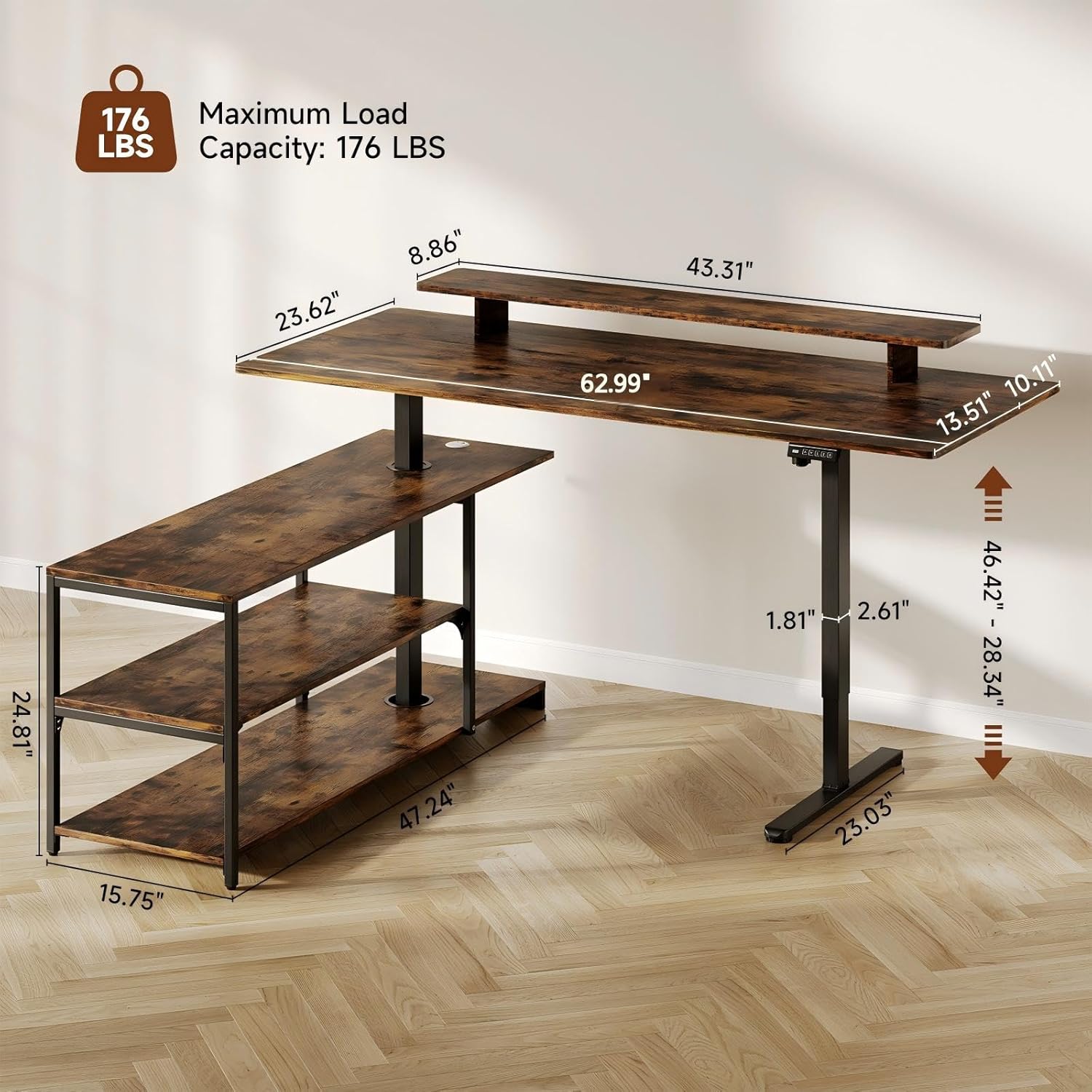 Standing Desk with File Cabinet, 63x24'' L Shaped Electric Stand Up Desk with Adjustable Monitor Shelf, Adjustable Height 28-46'' for Home and Computer Workstation, Rustic Brown
