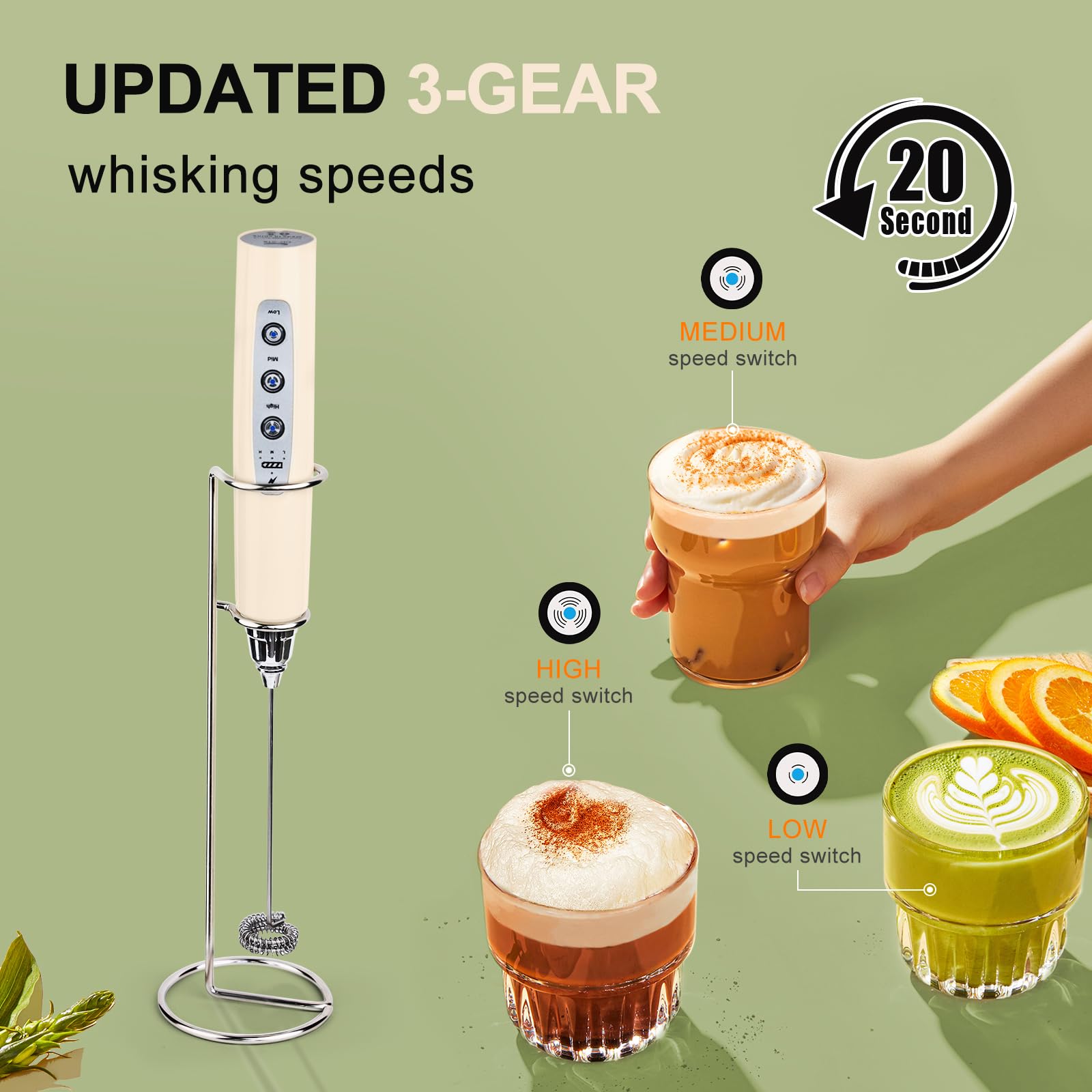 YUSWKO Varita espumadora de leche de mano beige con soporte para café, batidor eléctrico recargable con 3 cabezales, 3 velocidades, mezclador de bebidas, espumador de café para latte, capuchino