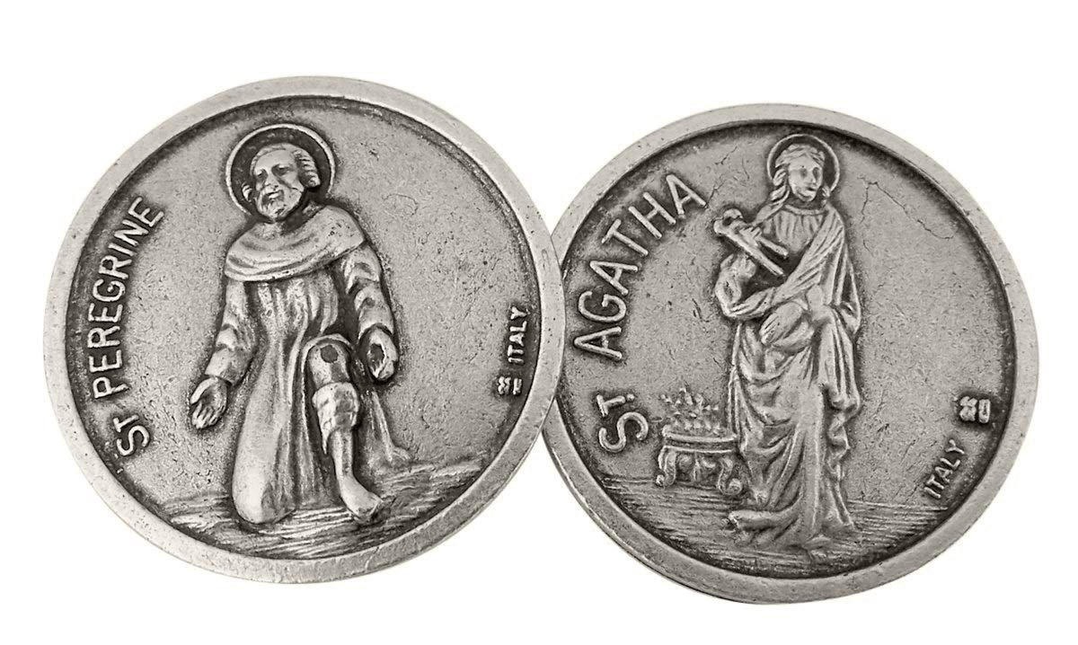 Silver Tone Saint Peregrine and St Agatha Pocket Prayer Token Medal, 1 1/8 Inch, Zinc