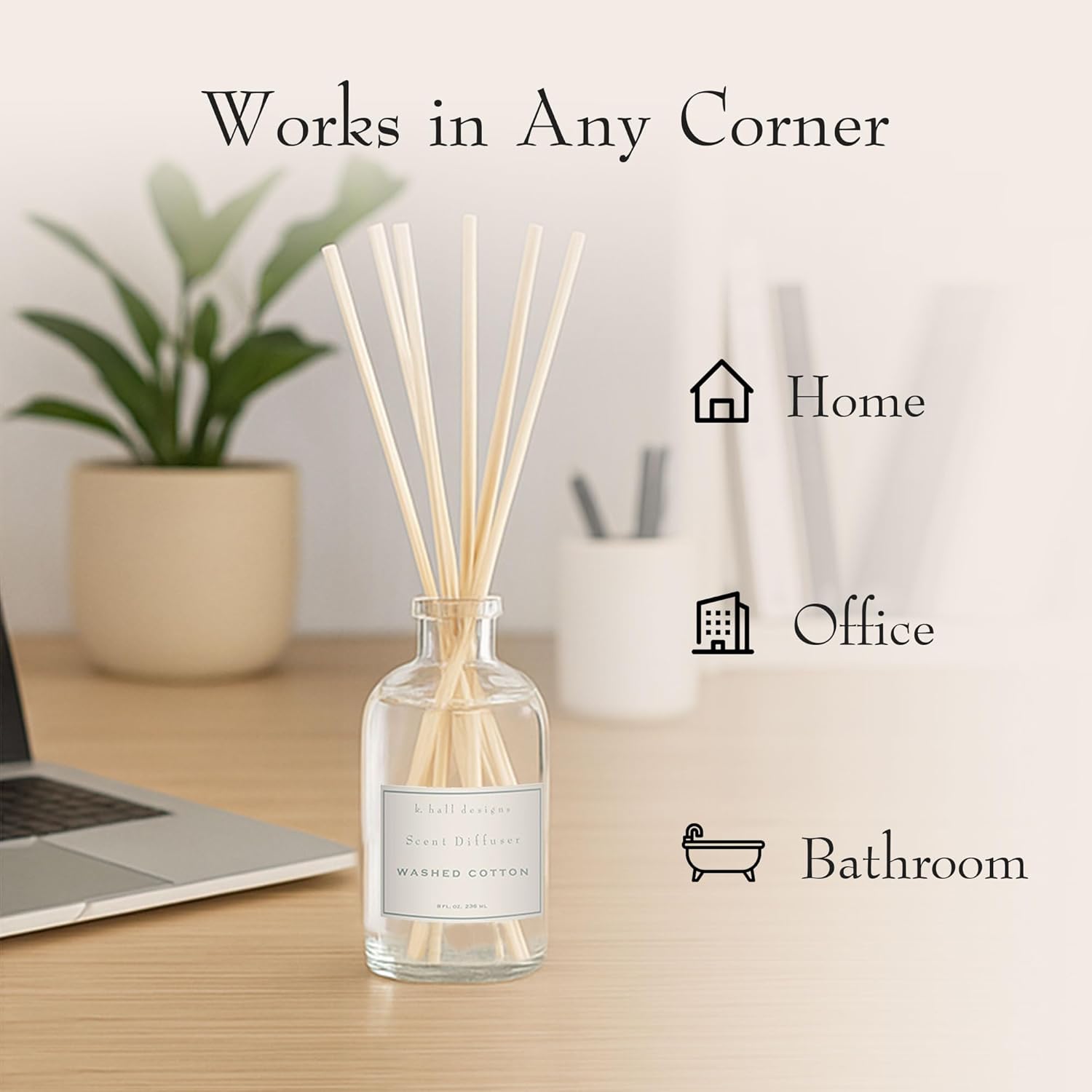 K. Hall Designs Washed Cotton Boxed Diffuser Kit, Refreshing Clean Scent, Reed Diffuser Set for Home, Long Lasting Aroma Diffuser, Refillable, 8 fl oz