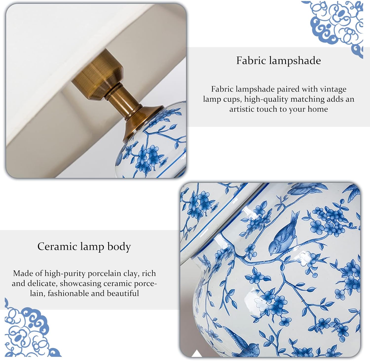 PURESILKS Blue and White Ceramic Table Lamp Vintage 26" Hand-Painted Flowers and Birds Bedside lamp, Fabric Tapered Drum Shade,Chinoiserie Table Lamp for Living Room Bedroom