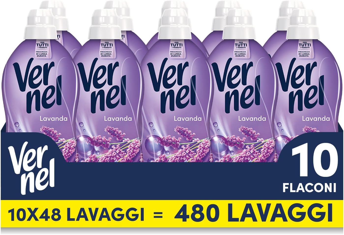 Ammorbidente Concentrato Vernel Lavanda (10 x 48 lavaggi), Ammorbidente Concentrato per Tutti i Tessuti, Morbidezza Irresistibile e Freschezza di Lunga Durata