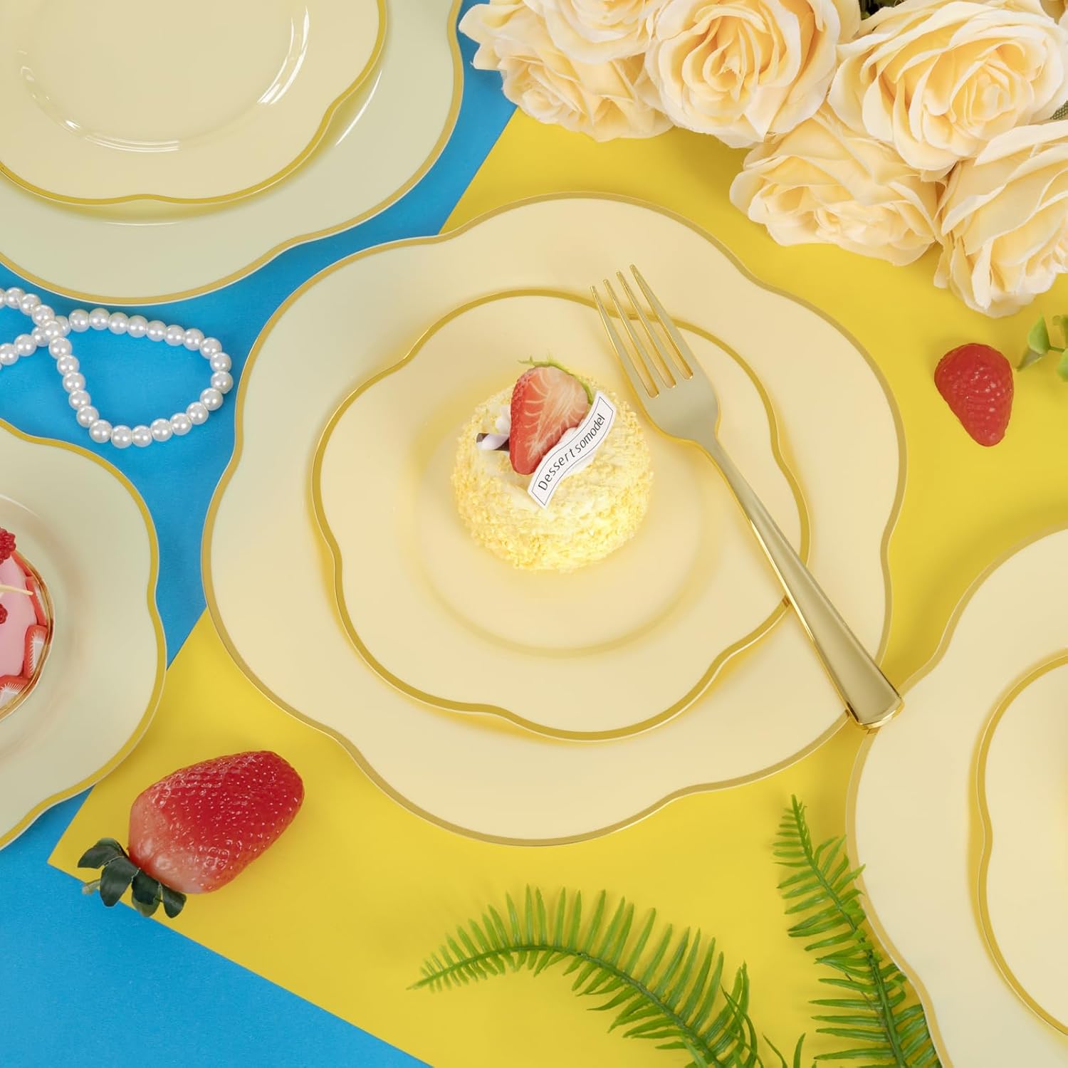 Liacere 50PCS Yellow Plastic Plates - Heavy Duty Disposable -Yellow and Gold Include 25PCS 7inch and 25PCS 10inch Plates for Mother's Day & Baby Shower & Easter Day