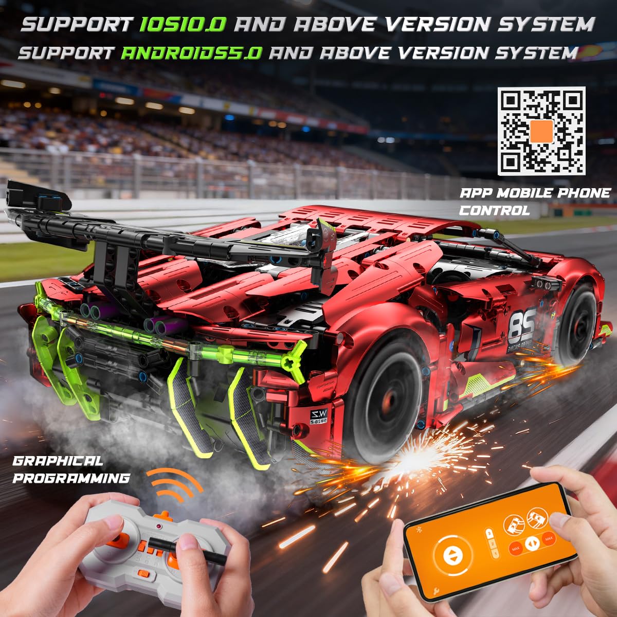 HOGOKIDS Technik Ferngesteuerter Auto Bauspielzeug - 1:10 Skala 2202 Teile Rennauto Bausatz, 2.4 GHz Aufladbarer Drift Racing Car Modellauto für Kinder Jungen Erwachsene Männer Geburtstagsgeschenk