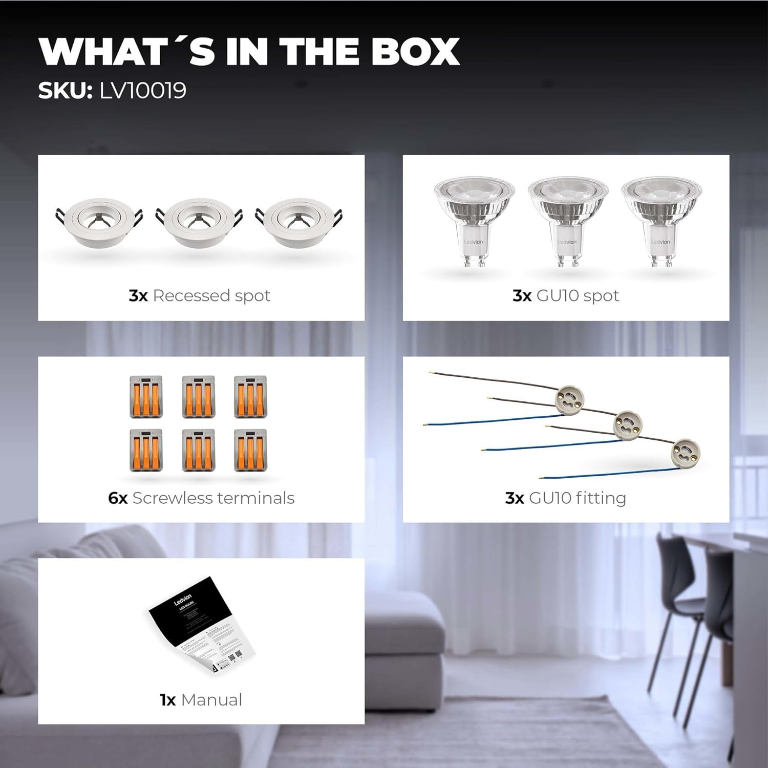 Contents of the Ledvion Tokyo Smart LED Recessed Spot package, showing 3 recessed spots, 3 GU10 smart bulbs, 6 screwless terminals, 3 GU10 fittings, and 1 manual.