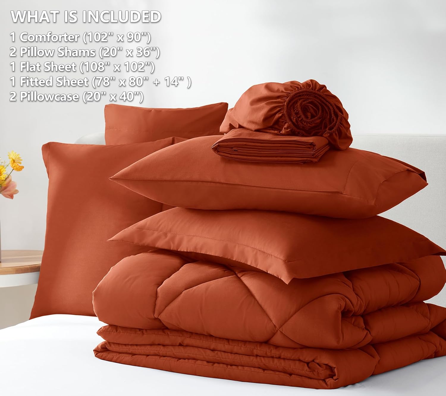 CozyLux King Size Comforter Set Burnt Orange - 7 Pieces Bed in a Bag King, Luxury Soft Bed Set for All Seasons, Bedding Set with Down Alternative Comforter, Sheets, Pillowcases & Shams, Terracotta - Image 6
