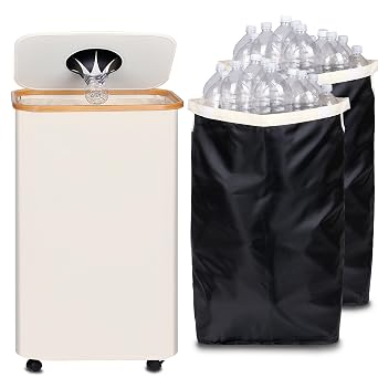 efluky Recycle Bins for Kitchen 100L 26 Gallon, Recycling Bin with Wheels and 2 Removeable and Reusable Inner Bags, Kitchen Recycling bin with lid for Bottle Can Plastice Stickers, Beige