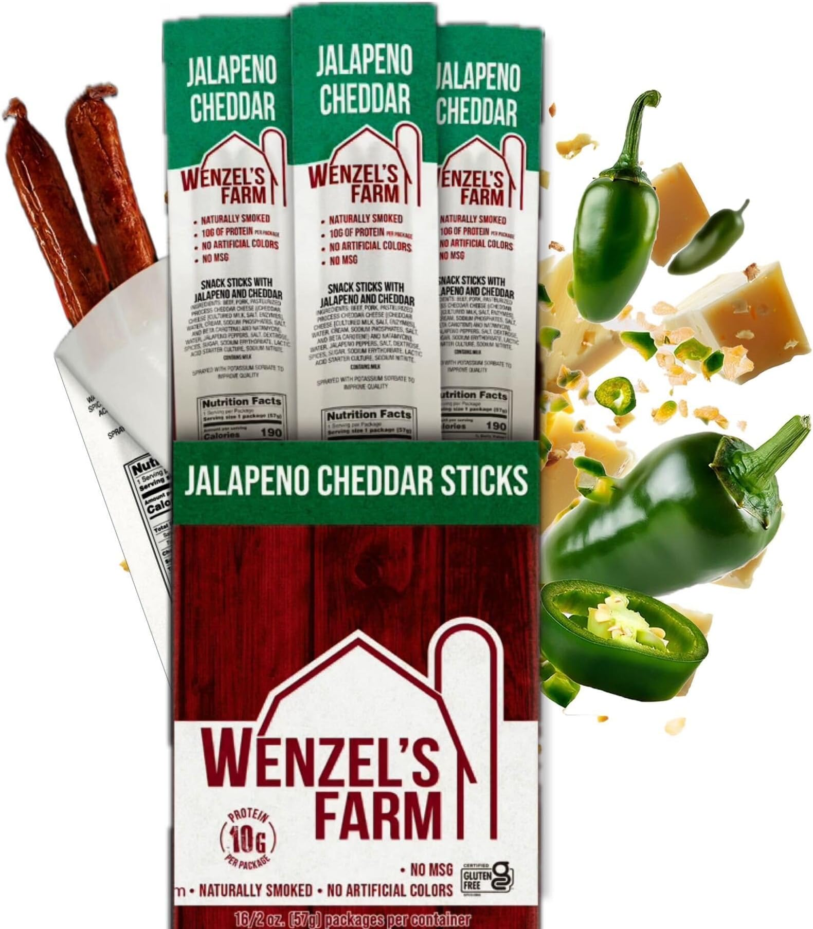 Wenzel’s Farm Jalapeno Cheddar Sticks │Snack Sticks │ Flavorful, Naturally Smoked │ High Protein, Low Carb │ No MSG, Fillers, Binders, Artificial Colors │ Gluten Free | 32 sticks (16 packs of 2)