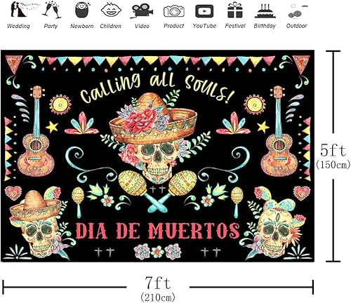 Miniatura 2 de Aperturee Telón de fondo del Día de los Muertos de 7 x 5 pies para fiesta mexicana, flores de calavera de azúcar, fondo de fotografía Dia DE Los