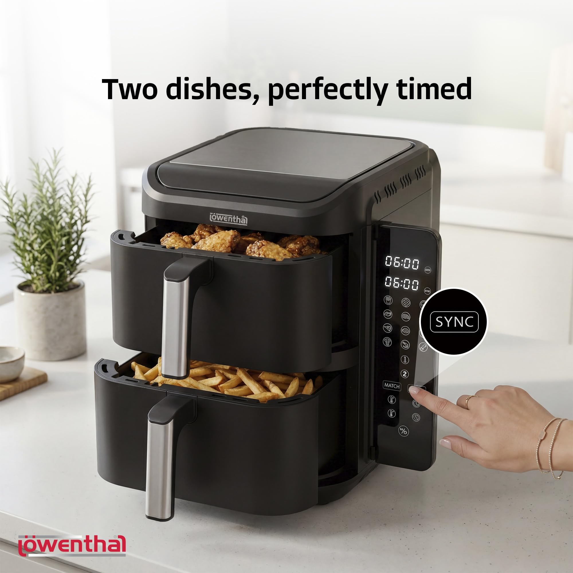 Löwenthal Double Airfryer XL 11 l frytkownica na gorące powietrze z 2 koszami (5,5 l + 5,5 l), 2800 W, Sync Finish & Match Cook, 12 programów, cyfrowy ekran dotykowy, 60-200°C, 44,5 x 27,9 x 35,2 cm