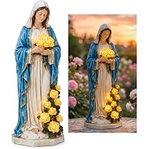Virgin Mary Garden Light 7.8 Inch Resin Blessed Mother Statue with LED Glowing Roses for Outdoor Christian Catholic Garden Decor Blue