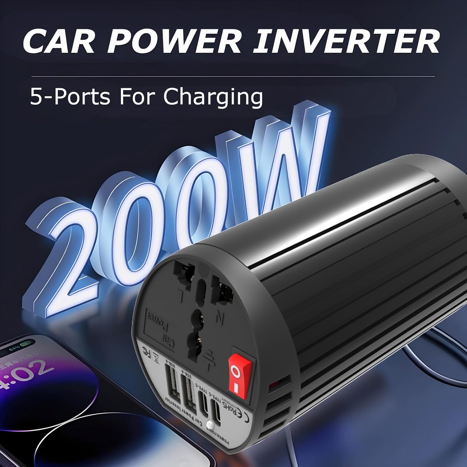 200W Car Power Inverter DC 12V to 110V AC Converter, Car Adapter with 2 USB & 2 Type-C Fast Charging Ports and AC Outlets