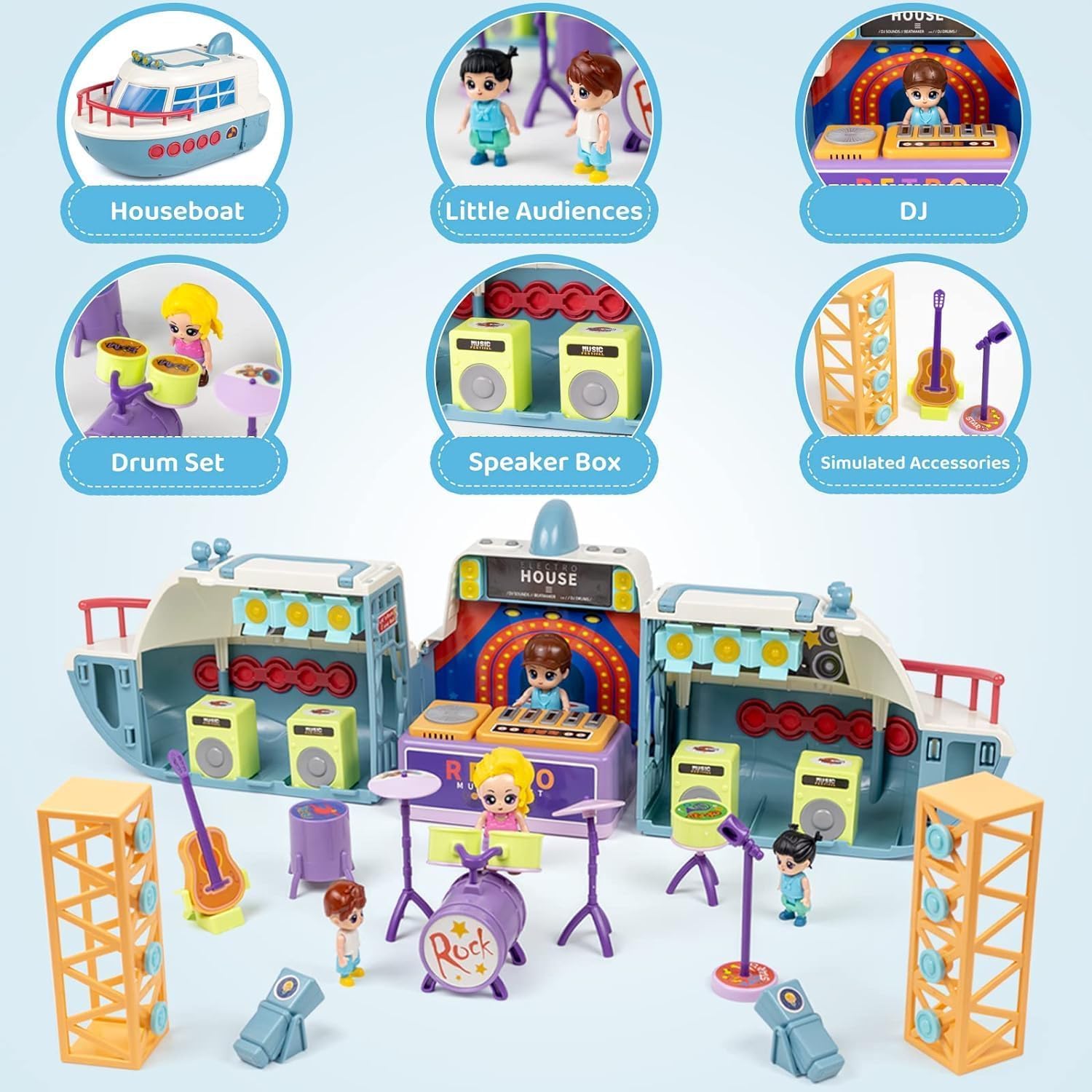 Exegi Enterprise Doll House Boat Play Set, Deforming Kids Toy Ship with Sound, Lights, Doll and Accessories for Disco Stage, Little People Pretend Play Birthday Gift Toys for Girls and Boys 2