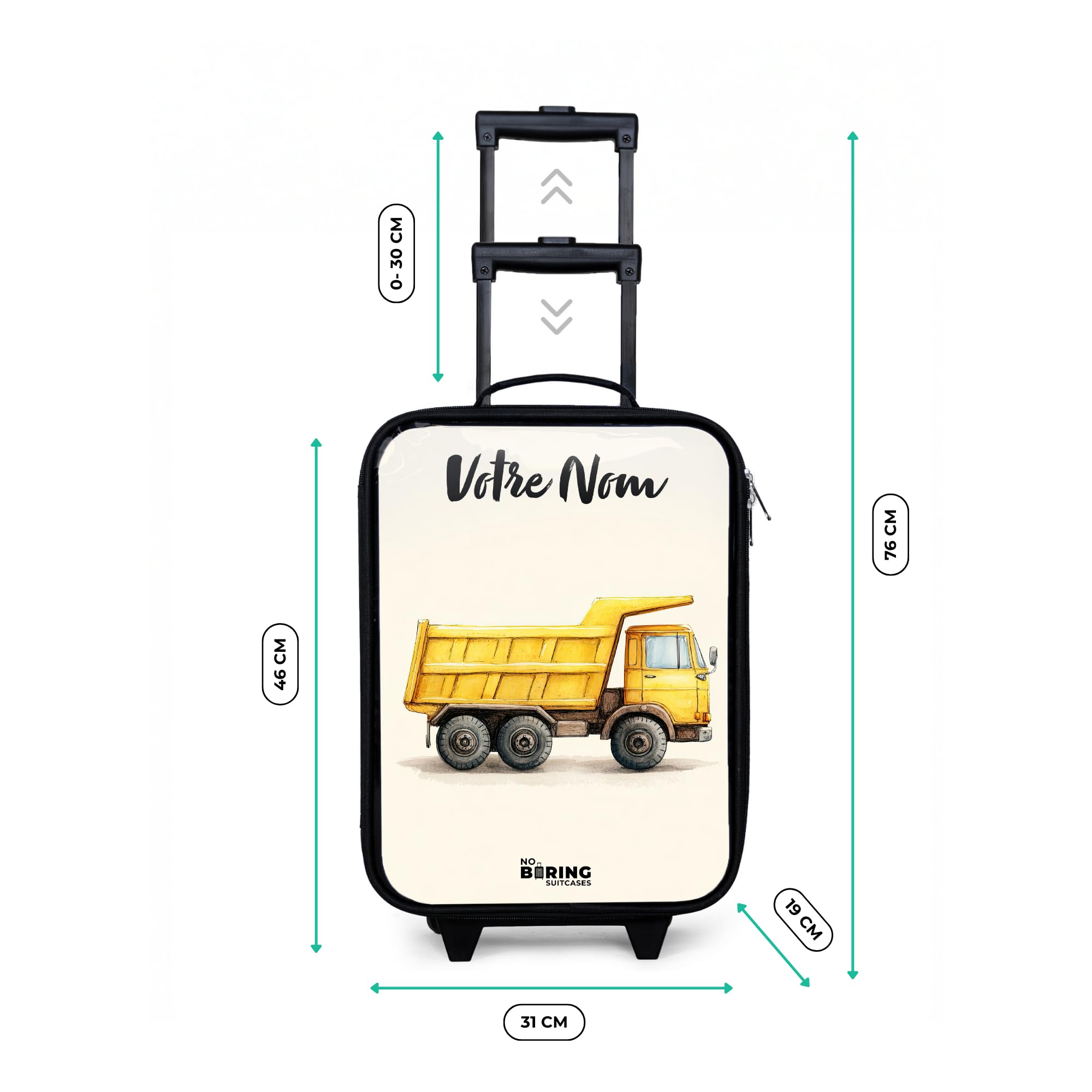 NoBoringSuitcases.com® Valise Enfant Personnalisé avec Un Nom 48x31x19 cm Ultra Légère Bagages À roulettes LED pour Enfants Valisette A Roulette Ado - Garçon - Camion-Benne - Dessiné - Jaune