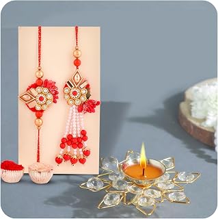 CraftVatika Rakhi Set Gift Combo for Brother and Bhabhi - Rakhi with Crystal Diya Gift Set - Lumba for Bhabhi or Bhaiya Ra Price In India
