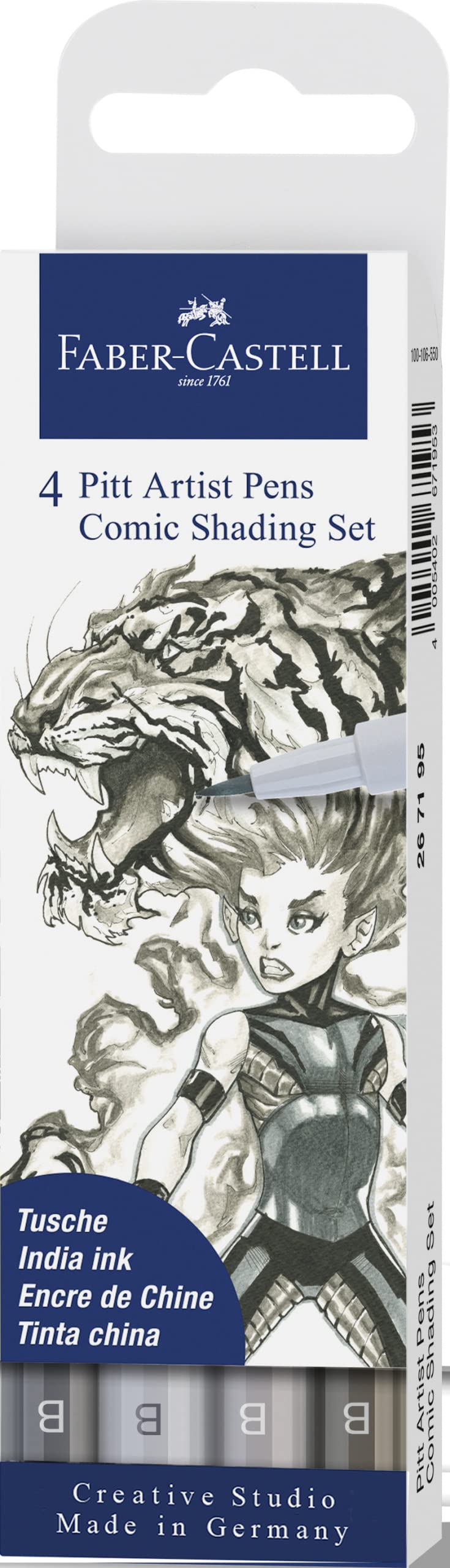 Faber-Castell Pitt Artist Pen, 167152, 3 artisti a inchiostro e accessori, 14 pezzi, kit di avvio manga, ombreggiatura fumetti con 4 diverse tonalità di grigio