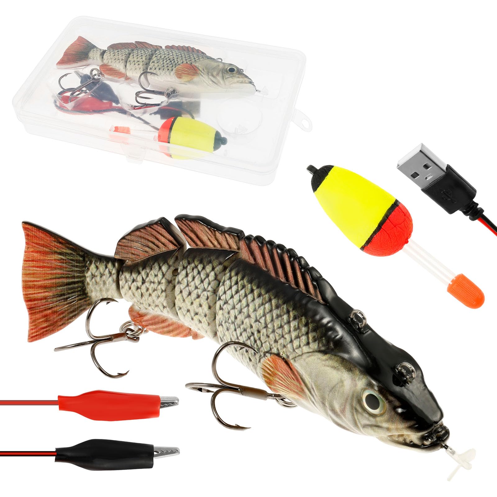 Electric Robotic Swimming Lure, USB Rechargeable Lifelike Pike Fishing Tackle Lures Set, 4 Segment Multi Jointed Swimbaits with LED Light for Freshwater and Saltwater Easter Gift