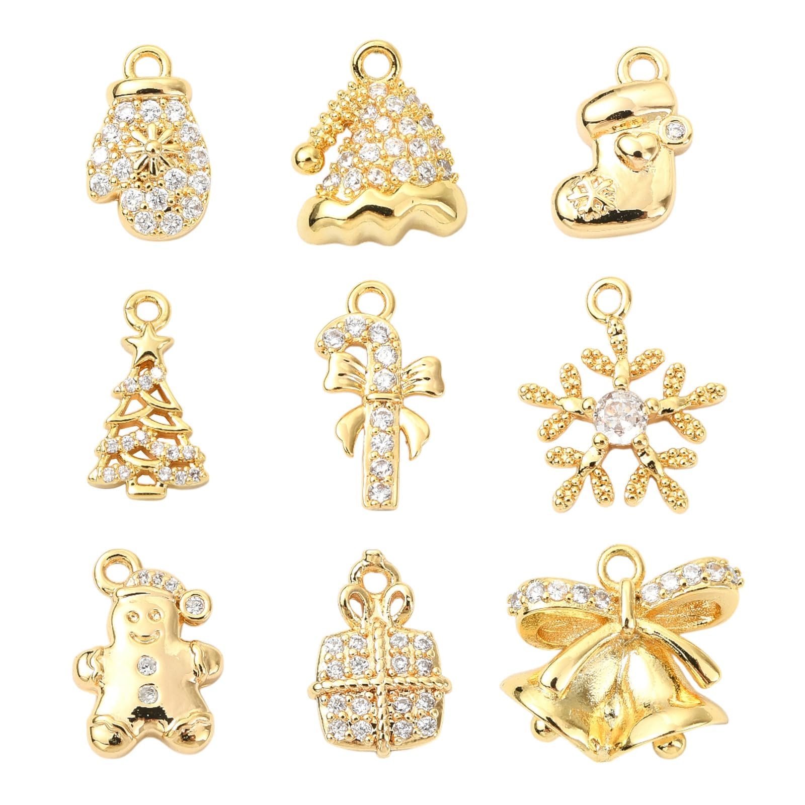 Stiesy 9Pcs Christmas Theme Charms Brass Micro Pave Cubic Zirconia Pendants 18K Gold Plated Christmas Tree Xmas Hat Bell Snowflake Charms for DIY Necklace Keychain Decor