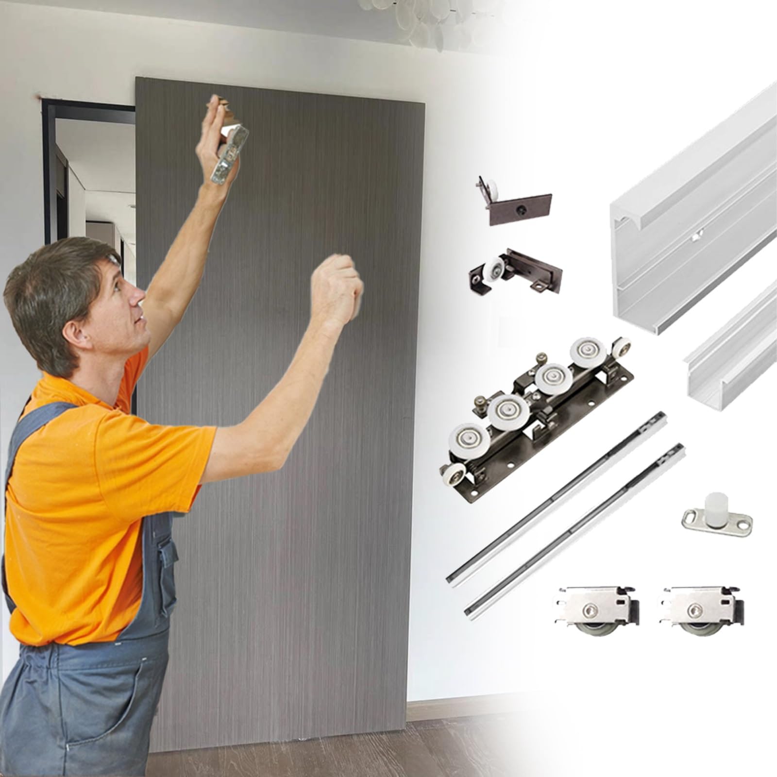 Schiebetür Komplettset Ghost Door Hardware Kit 0,9 0,8 1 1,2 1,5 M, Verdeckte Schiebesysteme, Versteckte Schienenlose Schiebetür(90cm/3ft)