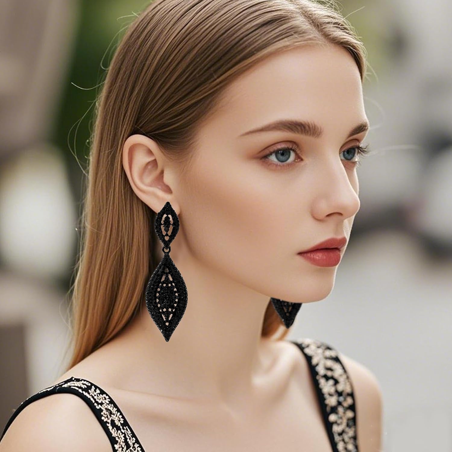 Black Rhinestone Earrings Dangling Cystal Wedding Prom Earrings Party Accessories Leaf Drop Dangle Chandelier Earrings for Women - Image 5