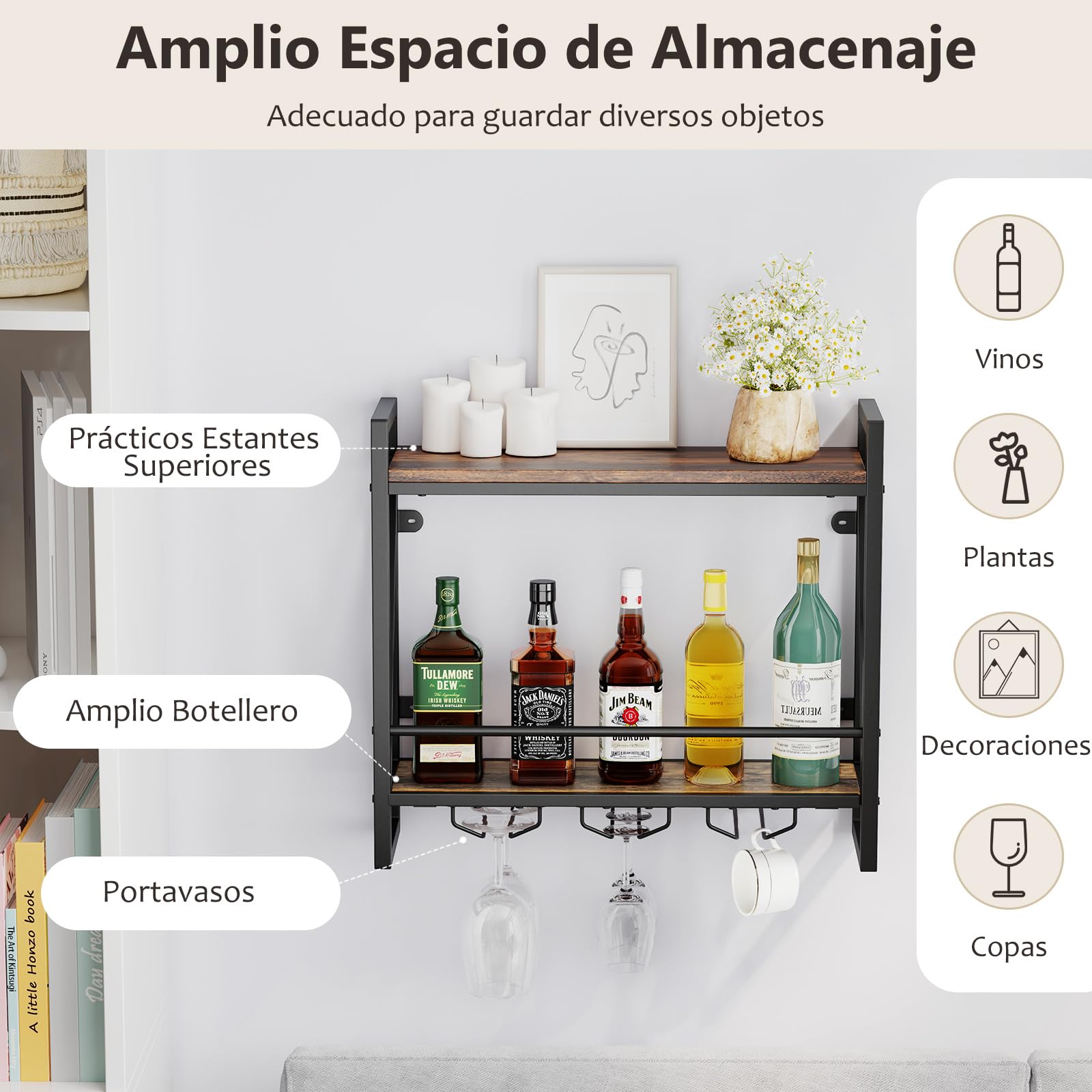 COSTWAY Estante de Vino Industrial de Pared, Estante de Vino de Pared de 2 Niveles con 3 Portavasos para Copas, Soporte de Botellas de Vino Colgante de Metal para Bar Cocina (60 x 20 x 55 cm)
