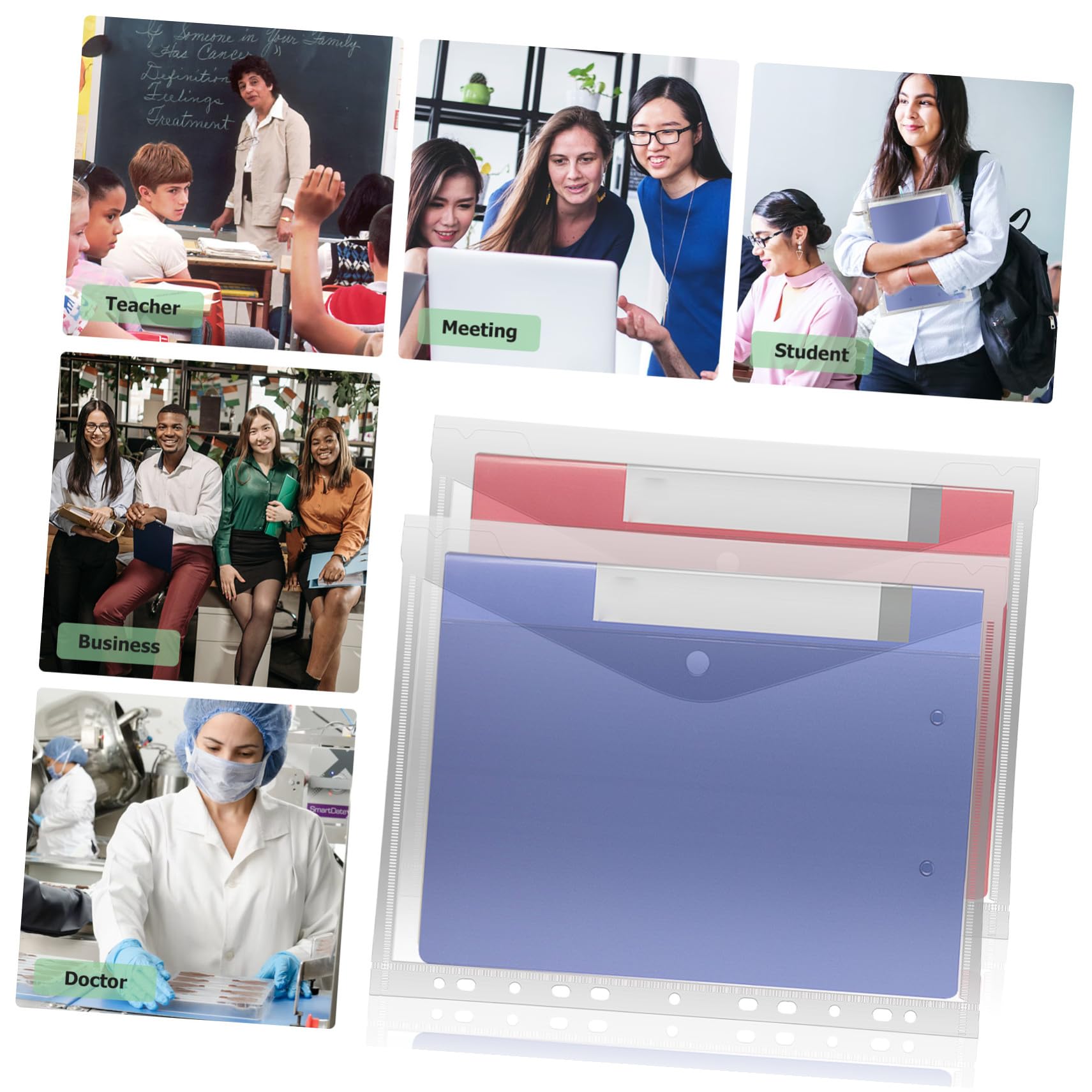 20 pièces Pochettes Transparente pour Classeurs Organiseur Bureau Résistant PP Plastique Fermeture Bouton-pression Rangement Documents Épais et Flexible