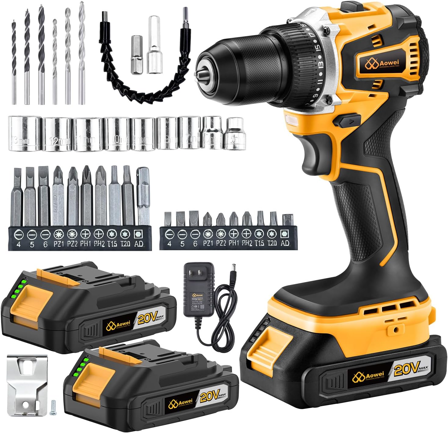 Cordless Drill Set/Driver, 20V Electric Power Drill With Battery And Charger, 40N Torque, 20+1 Settings, 2 Batteries,3/8-Inch Keyless Chuck, Driver Bits Kit, LED Light