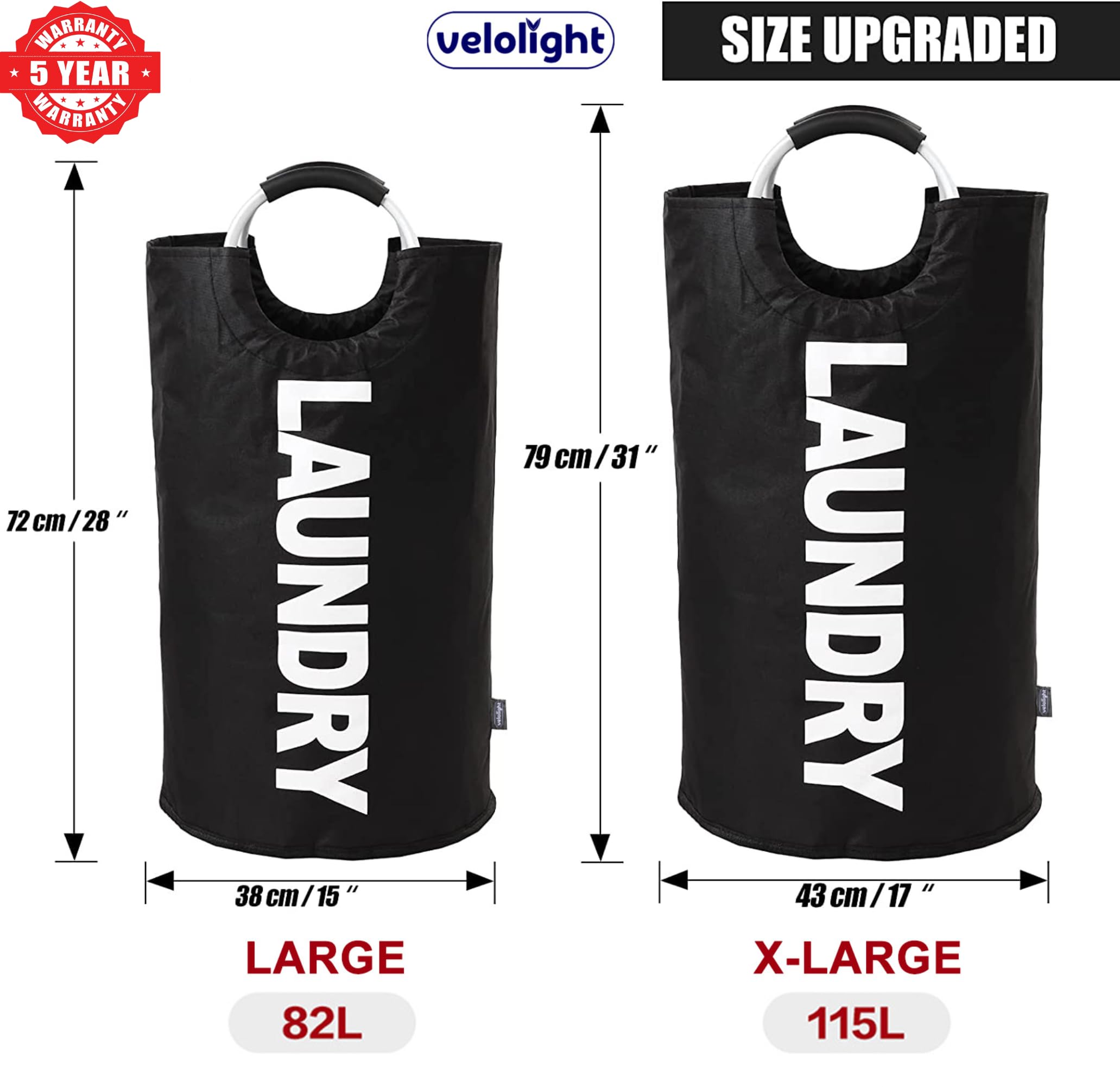 Velolight Laundry Basket with Handles (X-Large 115 Lts) Big Foldable Laundry Bag Waterproof Bin Hamper for Dirty Used Clothes for Washing (79Cms * 43Cms) (Black, X-Large) 2
