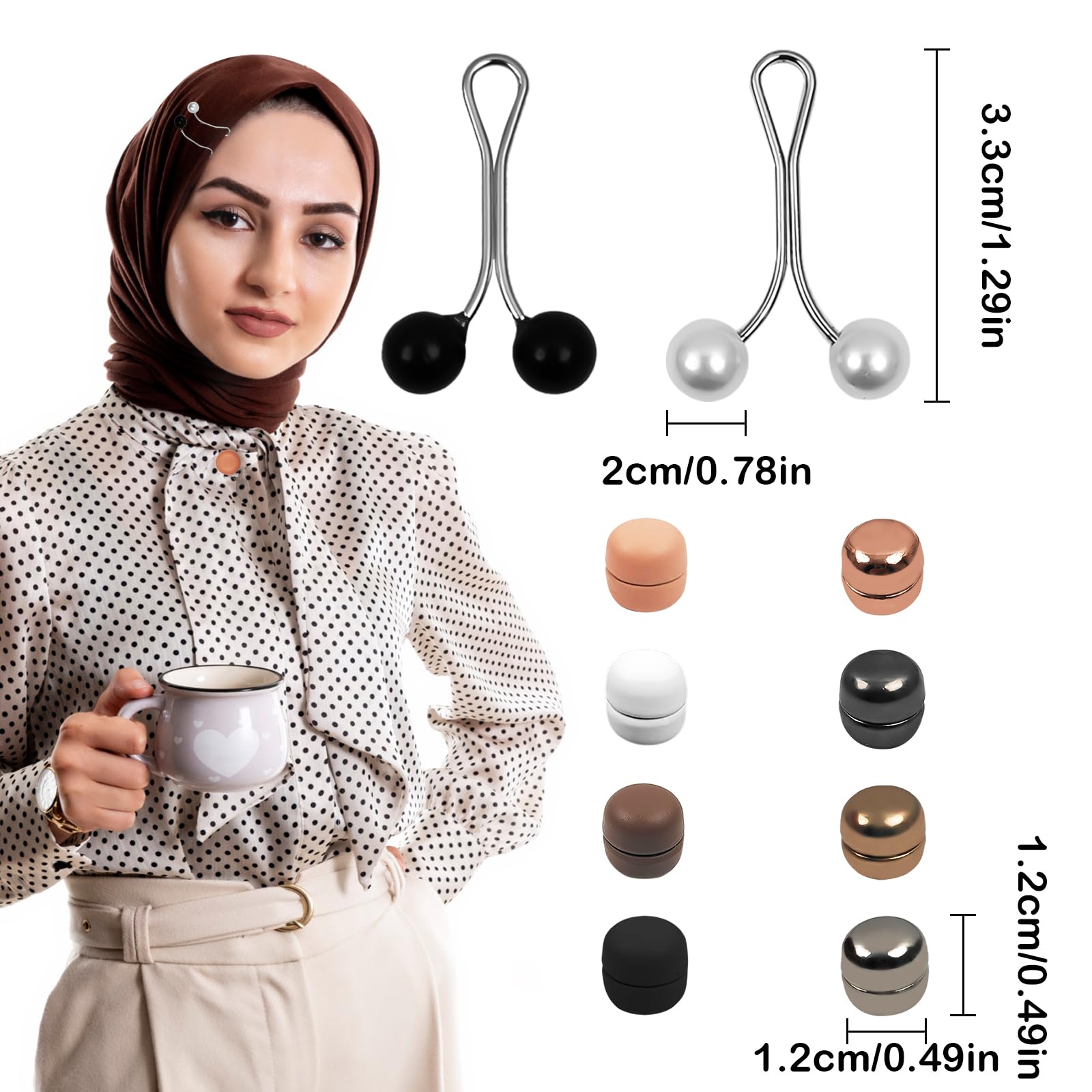 Zestaw 12 spinek magnetycznych hidżabowych, okrągłe, obustronne magnesy, mocne pinless, 4 igły do hidżabu, szpilki do hidżabu, broszka magnetyczna
