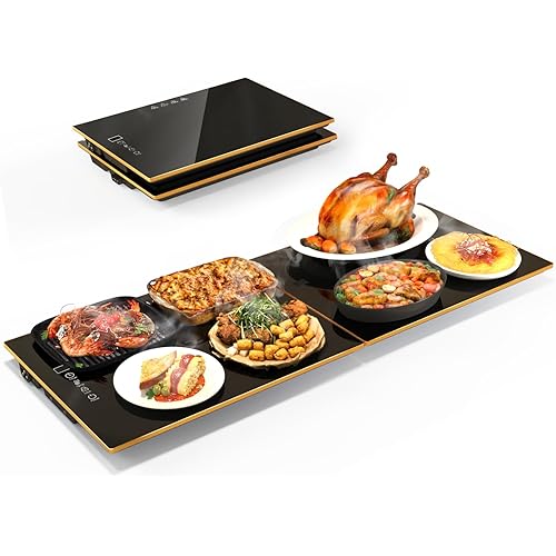 Food Warmers for Parties Buffet, （31.5"x12"） Assemblable Stackable Electric Warming Tray with 8-Level Temperature Adjustment and 8-Hour Timer, Upgraded Desktop-Protecting Food Warming Mat